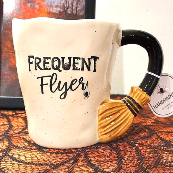 Black & Off-White "Frequent Flyer" Witchy Broom Handle Glossy Finish Mug NWT - Picture 2 of 8